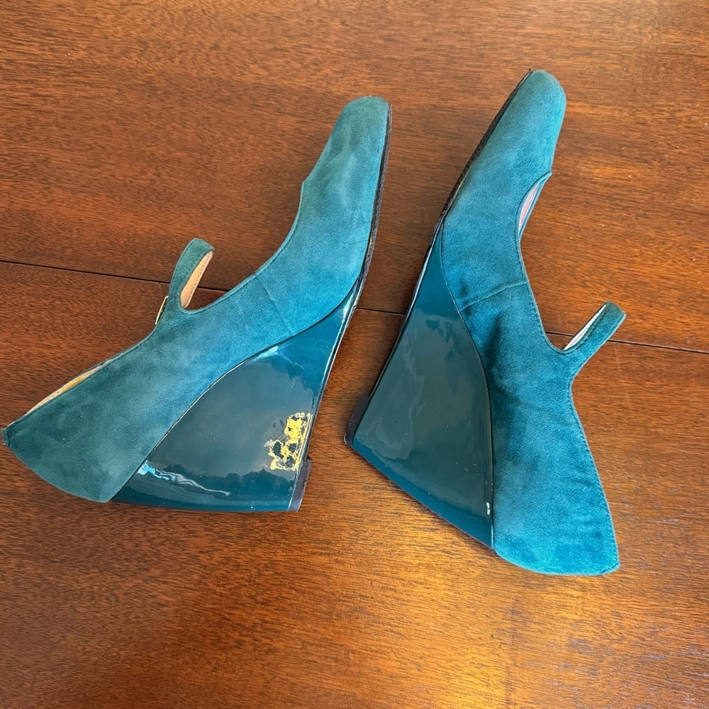 Vince Camuto Mary Jane Wedge Heels Magie Suede Leather Teal Blue/Green | Size 8 - Picture 6 of 10